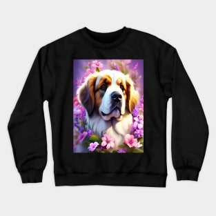 Saint Bernard Dog Surrounded by Beautiful Spring Flowers Crewneck Sweatshirt